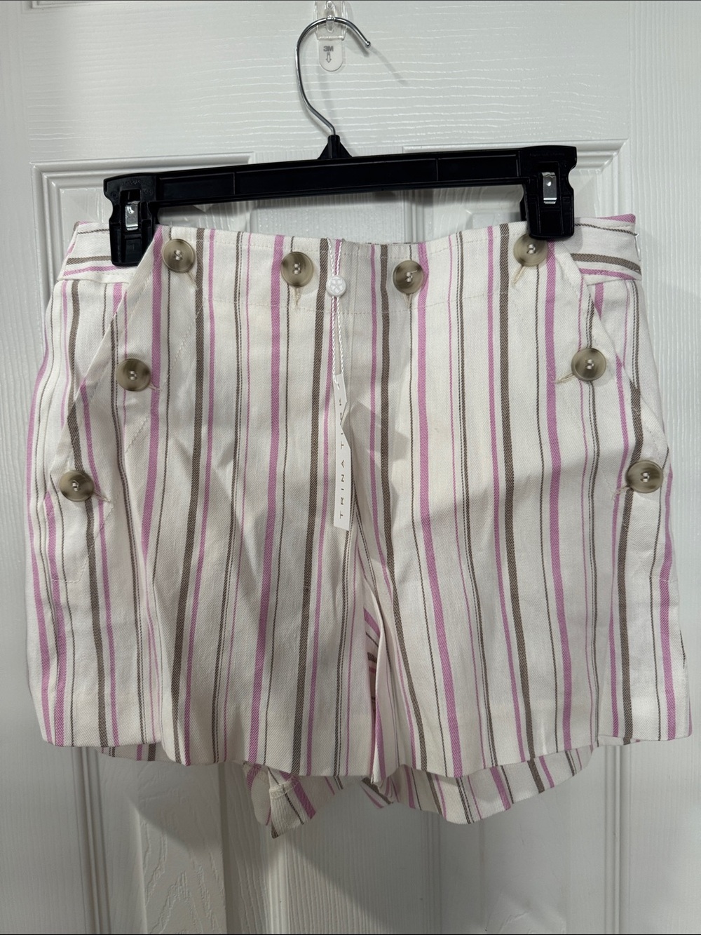 Trina Turk White Shorts with Pink & Tan Stripes and Button Detail